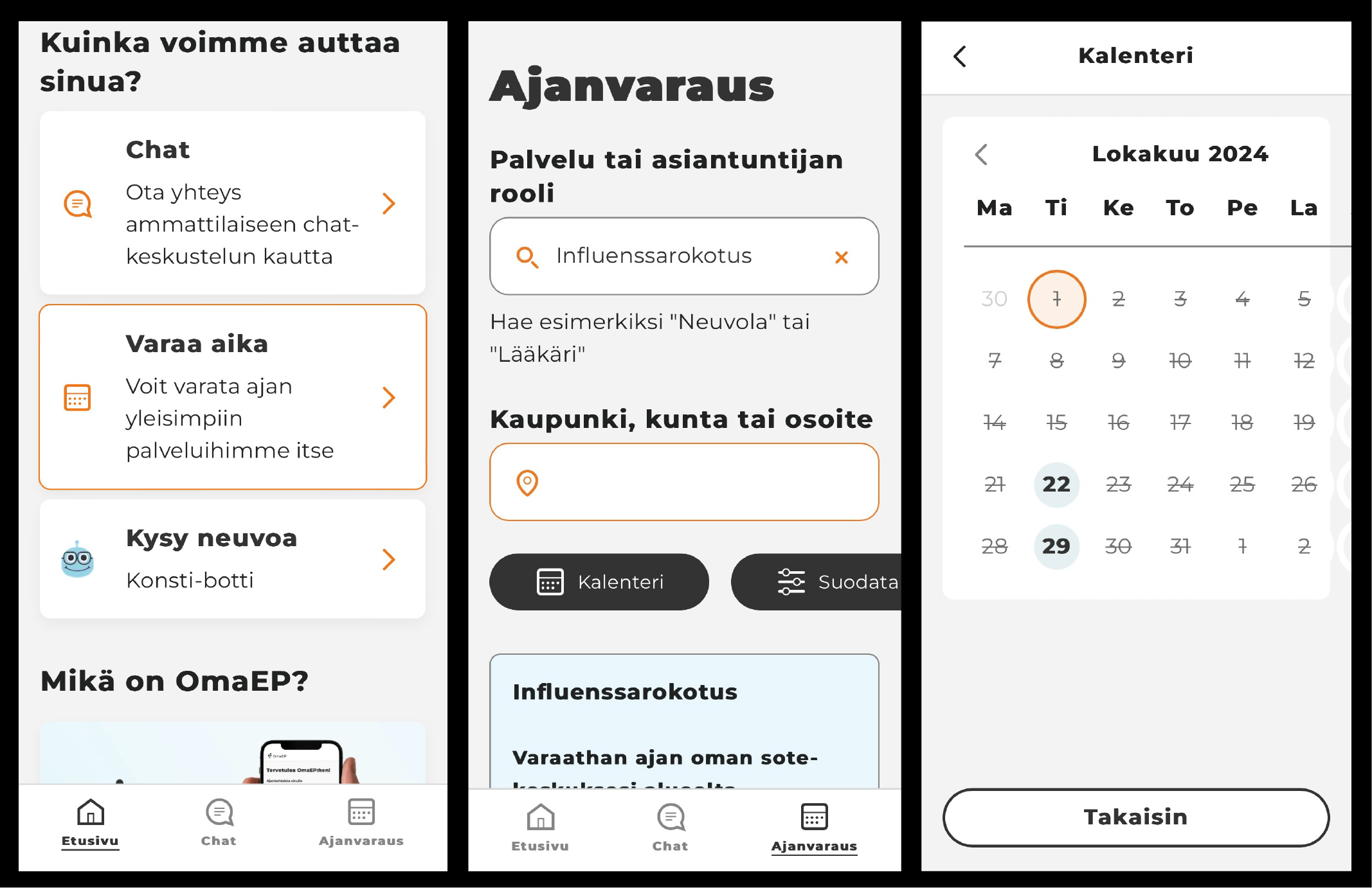 Kuinka voimme auttaa sinua? Chat. Varaa aika. Voit varata ajan yleisimpiin palveluihimme itse. Kysy neuvoa. Mikä on OmaEP? Ajanvaraus. Palvelu tai asiantuntijan rooli. Influenssarokotus. Hae esimerkiksi "Neuvola" tai "Lääkäri". Kaupunki, kunta tai osoite. Kalenteri. Suodata. Influenssarokotus. Kalenteri. Lokakuu 2024. Takaisin.