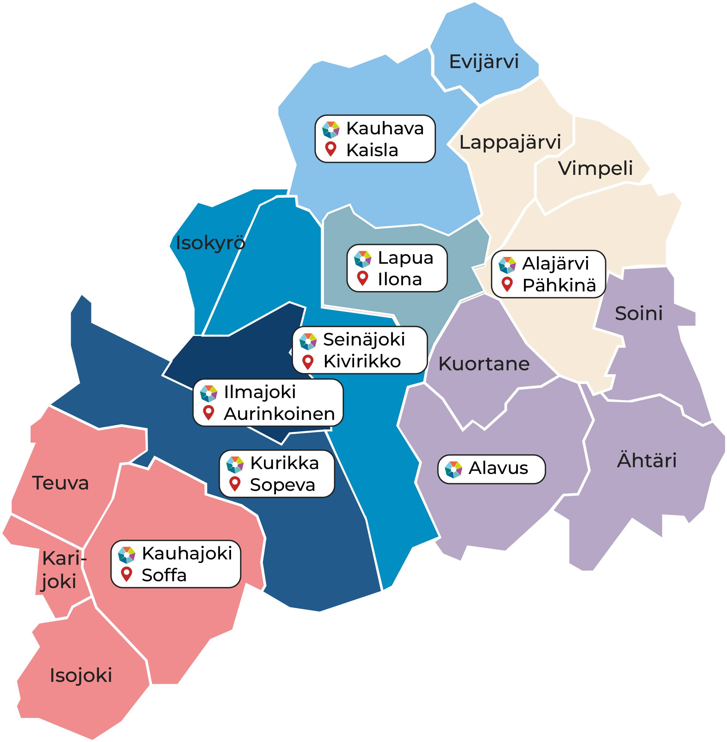 Etelä-Pohjanmaan karttakuva, jossa karttaan merkitty perhekeskukset ja kohtaamispaikat. Vaaleansinisellä Kauhavan perhekeskus (Evijärvi, Kauhava) sekä kohtaamispaikka Kaisla Kauhavalla. Keltaisella Alajärven perhekeskus (Lappajärvi, Vimpeli ja Alajärvi) sekä kohtaamispaikka perhetupa Pähkinä Alajärvellä. Turkoosilla Lapuan perhekeskus ja kohtaamispaikka Ilona Lapualla. Violetilla Alavuden perhekeskus (Alavus, Kuortane, Ähtäri, Soini). Taivaansinisellä Seinäjoen perhekeskus (Seinäjoki ja Isokyrö) sekä kohtaamispaikka perhetalo Kivirikko ja Seinäjoen perhekeskustalon kohtaamispaikka. Tummasinisellä Ilmajoen perhekeskus ja kohtaamispaikka perhetalo Aurinkoinen. Petroolinsinisellä Kurikan perhekeskus ja kohtaamispaikka avoin päiväkoti SoPeVa sekä Kurikan perhekeskustalon kohtaamispaikka. Punaisella Kauhajoen perhekeskus (Kauhajoki, Teuva, Karijoki, Isojoki) sekä kohtaamipaikka perhetupa Soffa Kauhajoella.