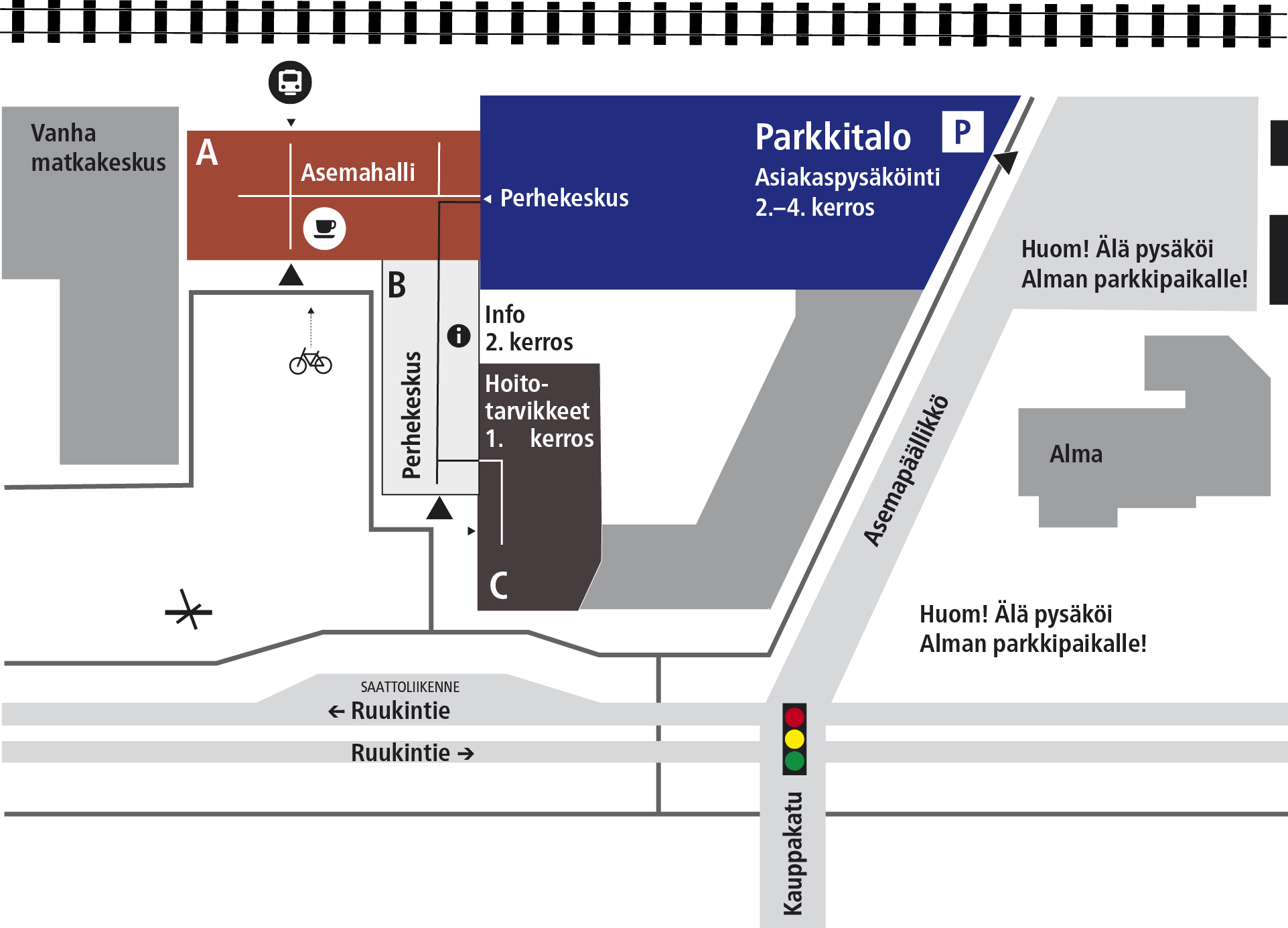 Karttakuva Seinäjoen perhekeskuksesta. Ylhäällä rata ja alhaalla Ruukintie. Rakennukset vasemmalta oikealle: Vanha matkakeskus, A Asemahalli, B Perhekeskus, C Hoitotarvikkeet 1.kerros, Info 2.kerros, Parkkitalo, asiakaspysäköinti 2.-4. kerros. Kauppakatu, liikennevalot, Asemapäällikkö, Alma. Huom! Älä pysäköi Alman parkkipaikalle.